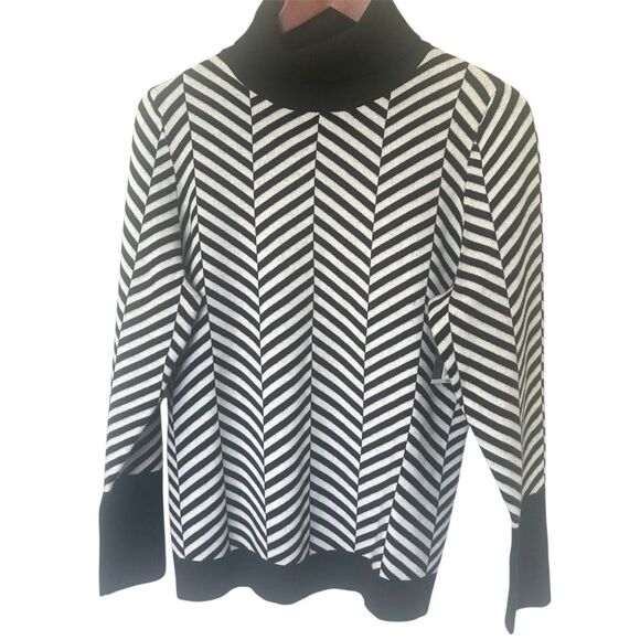 Worthington Large Chevron Black and White Striped Turtleneck Sweater - Picture 2 of 10
